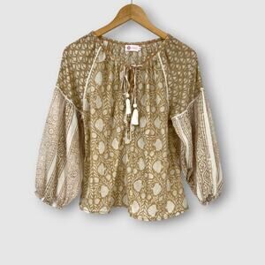 Buggy Boho Print Peasant Blouse Tassel Tie Balloon Sleeve Top XS/S